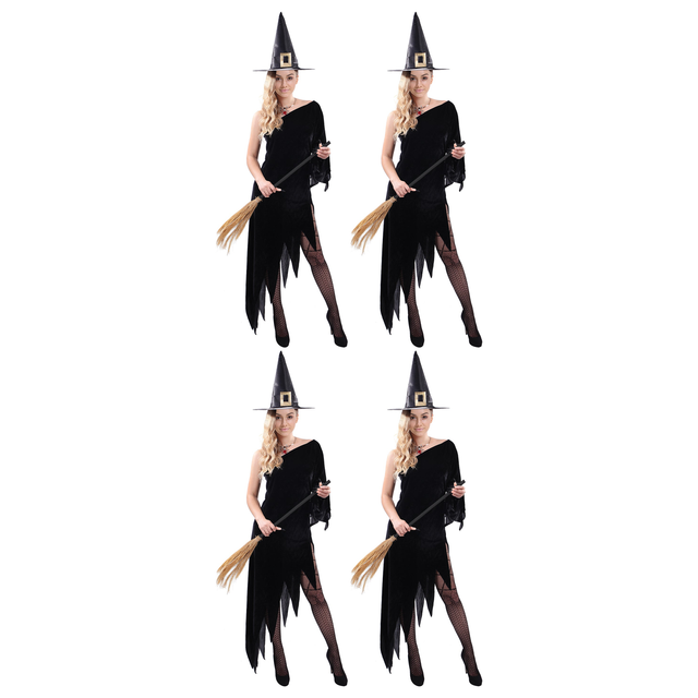 4x Womens Black Witch Costume Dress Bulk Pack - Hat Included (Group Costume for Halloween & Fancy Dress)