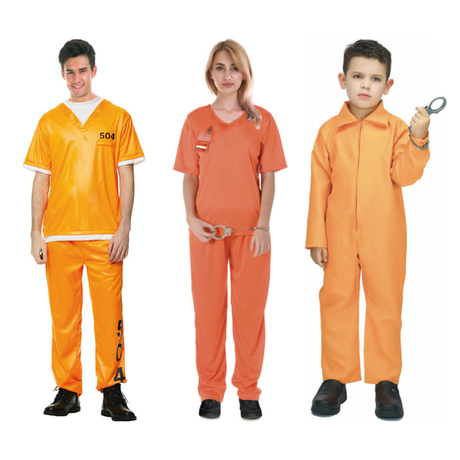 Orange Prisoner Family Costume Set - 3pc Mens, Womens & Boys Jail Halloween Fancy Dress