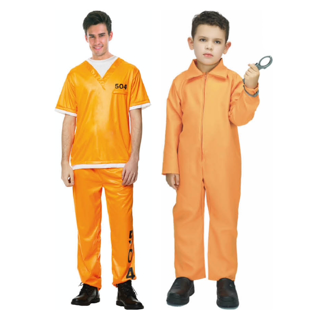 Orange Prisoner Family Costume Set - Mens & Boys Jail Convict Halloween Fancy Dress