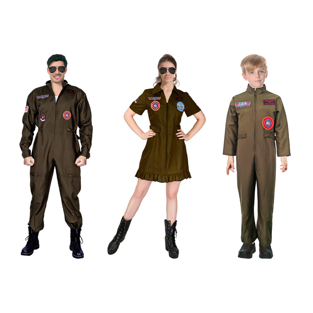 Top Gun Fighter Pilot Family Costume Set - 3pc Mens, Womens & Kids Halloween Fancy Dress