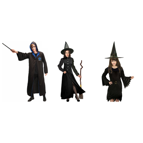 Wizard & Witch Family Costume Set - 3pc Mens, Womens & Girls Halloween Fancy Dress