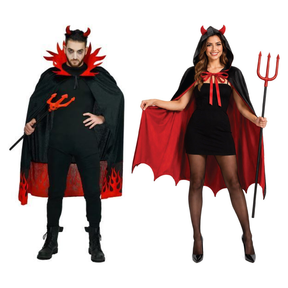 Devil Couples Costume Set - His & Hers Demon Cape & Horned Hood Halloween Fancy Dress