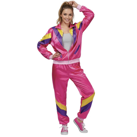 Ladies 80s Height Of Fashion Tracksuit 1980s Party Retro Disco Neon Costume - Pink