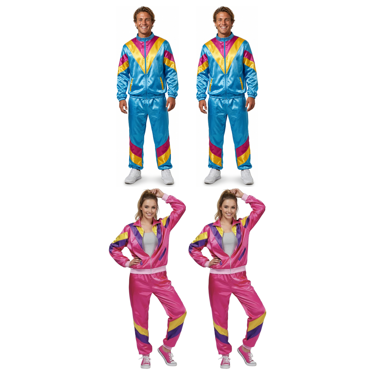 80s Group Costume Set - 2x Blue + 2x Pink Shell Suit Tracksuits (Halloween & Fancy Dress)