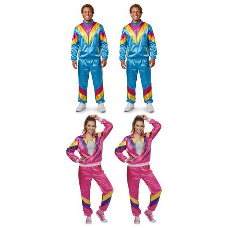 80s Group Costume Set - 2x Blue + 2x Pink Shell Suit Tracksuits (Halloween & Fancy Dress)