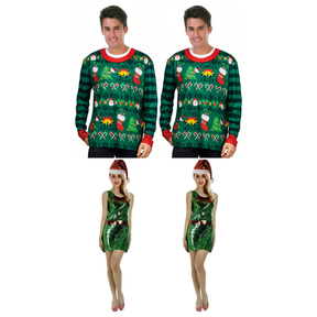Work Christmas Party Group Costume Set - 2x Christmas Sweater + 2x Sequin Elf Dress (Xmas Party)