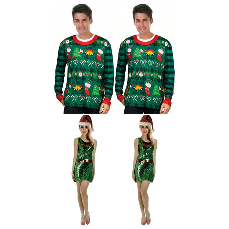 Work Christmas Party Group Costume Set - 2x Christmas Sweater + 2x Sequin Elf Dress (Xmas Party)