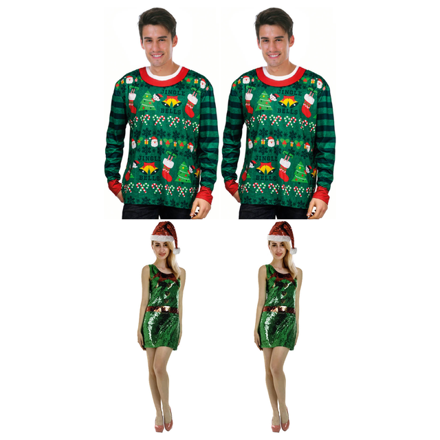 Work Christmas Party Group Costume Set - 2x Christmas Sweater + 2x Sequin Elf Dress (Xmas Party)