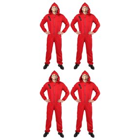 4x Adult Red Jumpsuit & Mask Group Costume Bulk Pack - Salvador Dali Heist/Robber