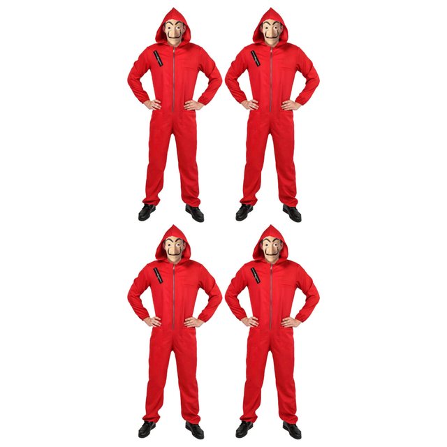 4x Adult Red Jumpsuit & Mask Group Costume Bulk Pack - Salvador Dali Heist/Robber