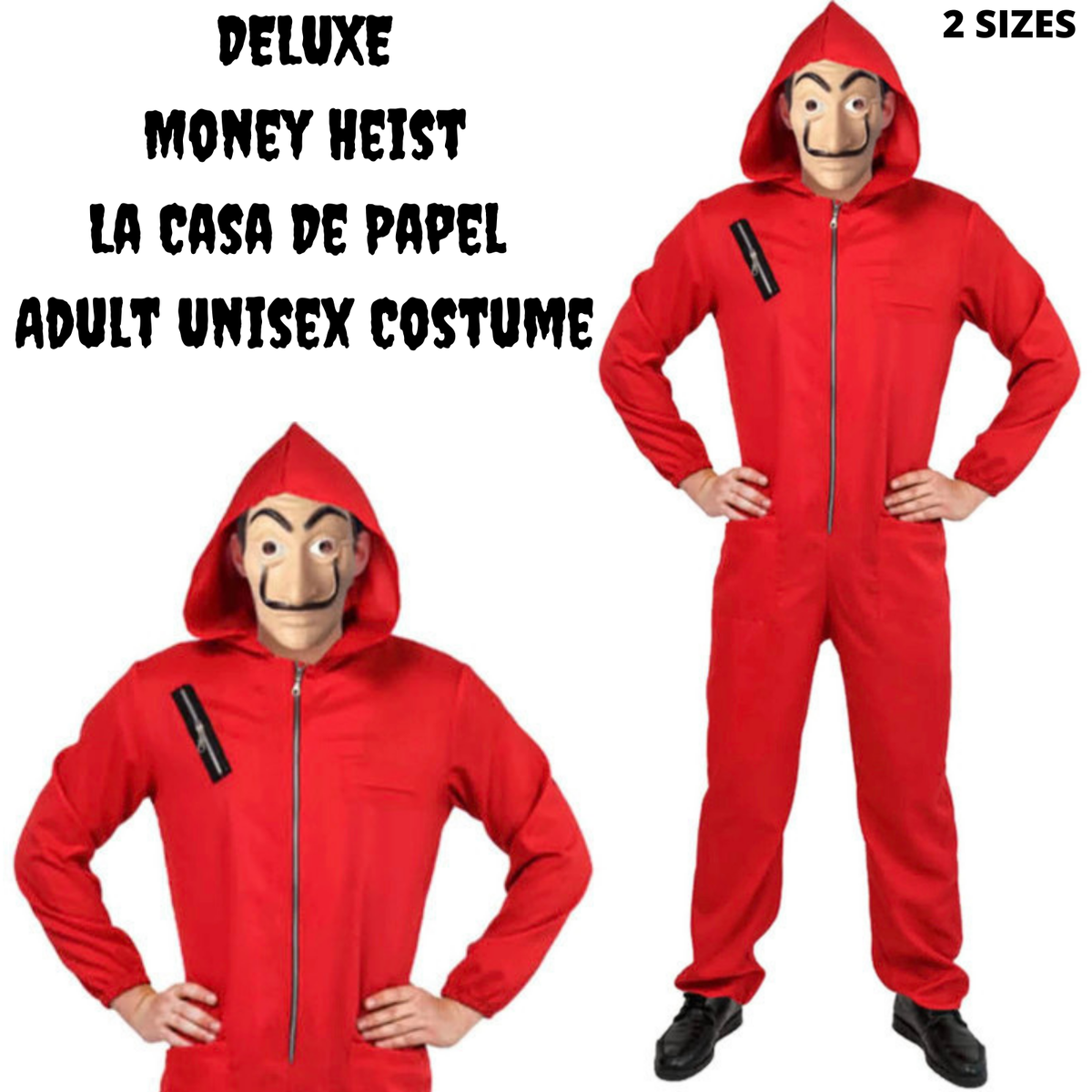 4x Adult Red Jumpsuit & Mask Group Costume Bulk Pack - Salvador Dali Heist/Robber