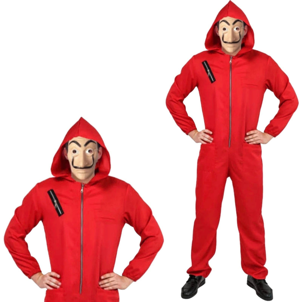 4x Adult Red Jumpsuit & Mask Group Costume Bulk Pack - Salvador Dali Heist/Robber