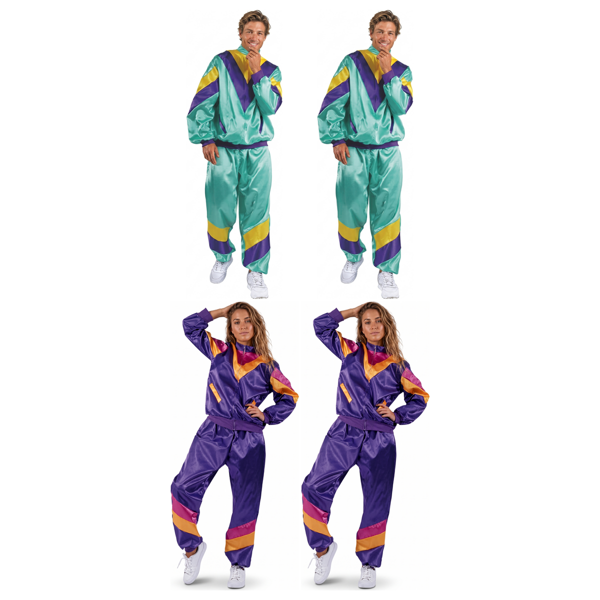 80s Group Costume Set - 2x Aqua + 2x Purple Shell Suit Tracksuits (Halloween & Fancy Dress)