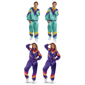 80s Group Costume Set - 2x Aqua + 2x Purple Shell Suit Tracksuits (Halloween & Fancy Dress)