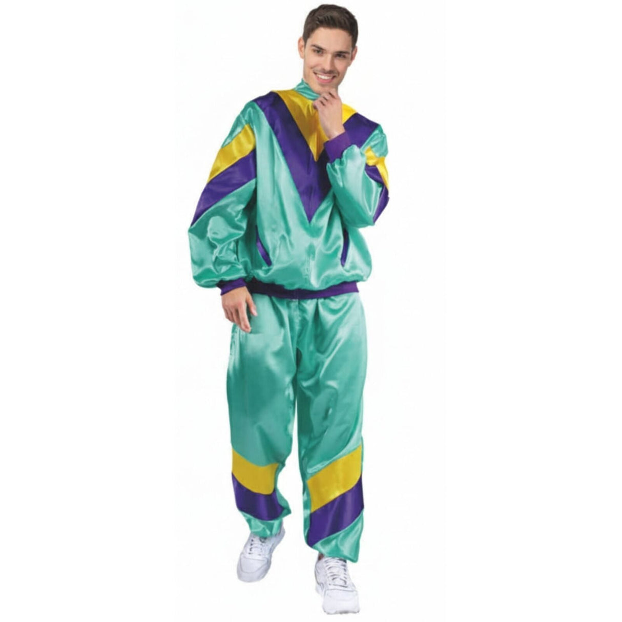 Adult 80s Shell Suit Tracksuit Costume - Aqua Retro Jacket & Pants (Halloween & Fancy Dress)