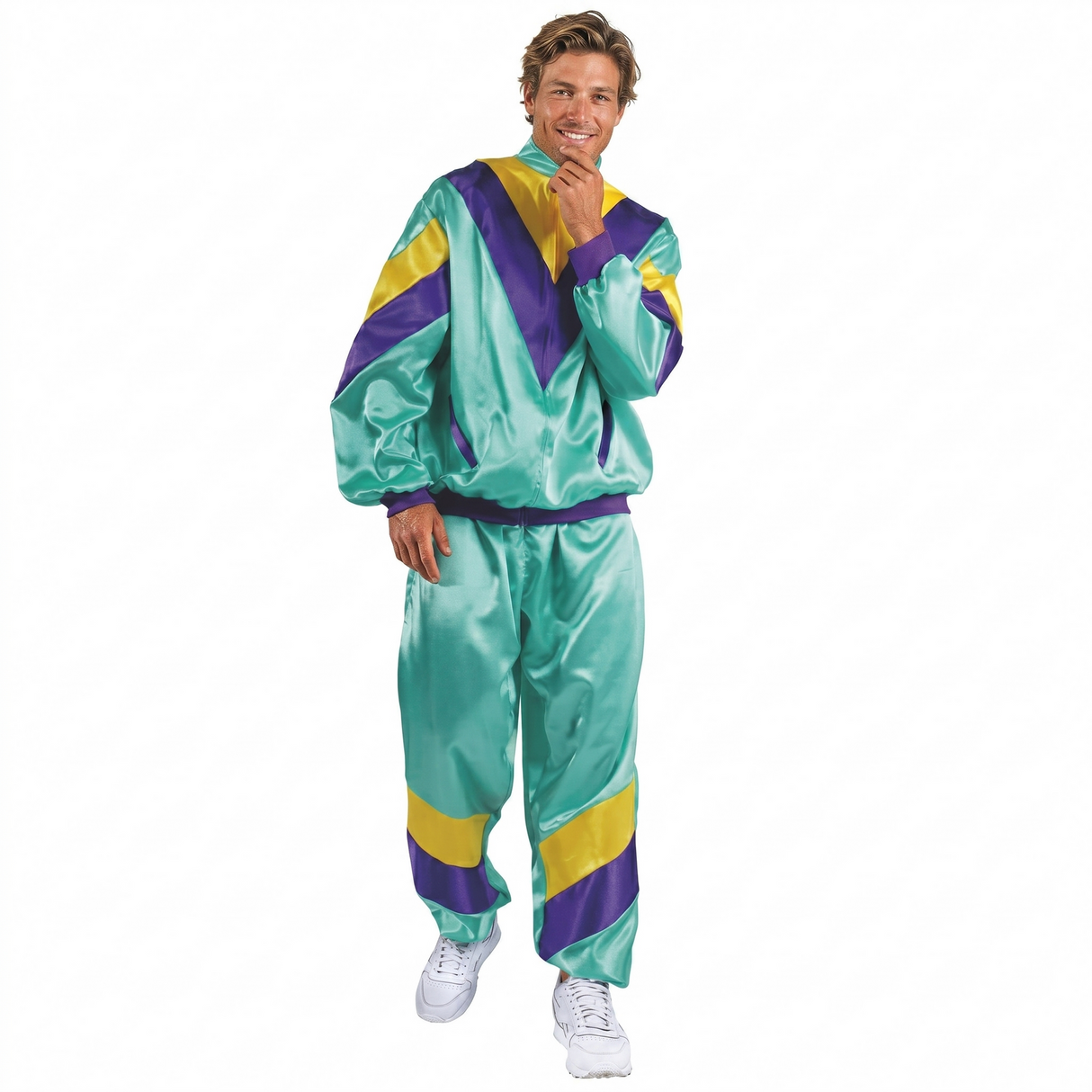 Adult 80s Shell Suit Tracksuit Costume - Aqua Retro Jacket & Pants (Halloween & Fancy Dress)