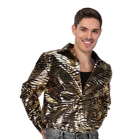 Mens Deluxe 70s Disco Tiger Print Shirt Costume Party in Gold