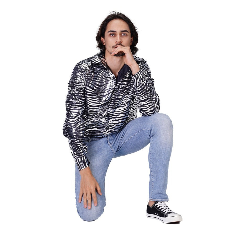 Mens Silver Deluxe Disco Tiger Print Shirt Costume - 70s Party (Halloween & Fancy Dress)