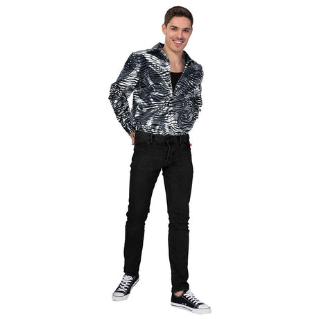 Mens Silver Deluxe Disco Tiger Print Shirt Costume - 70s Party (Halloween & Fancy Dress)