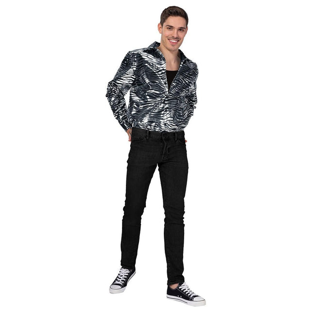 Mens Silver Deluxe Disco Tiger Print Shirt Costume - 70s Party (Halloween & Fancy Dress)