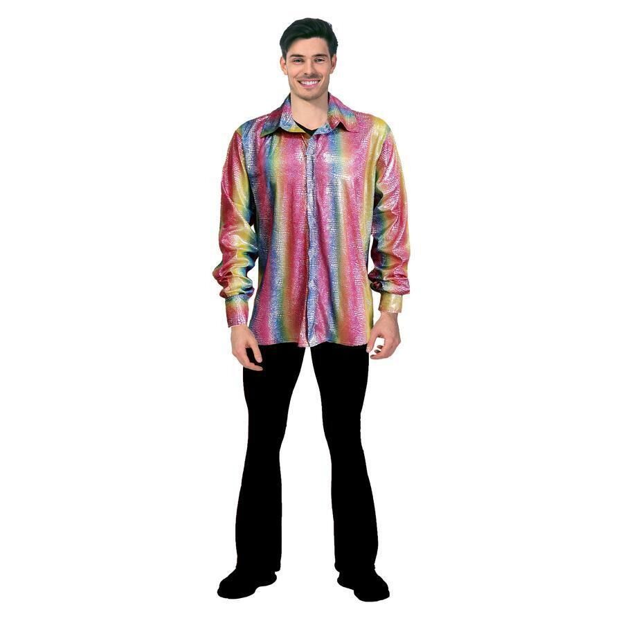 Mens 70s Deluxe Disco Shirt Costume Dance Groovy Dancer Long Sleeve - Rainbow