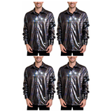 4x Mens Black Metallic Disco Shirt Bulk Pack - 70s Dance Costume (Fancy Dress Party)