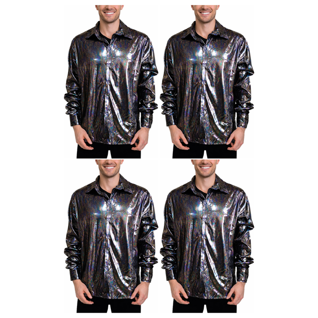 4x Mens Black Metallic Disco Shirt Bulk Pack - 70s Dance Costume (Fancy Dress Party)