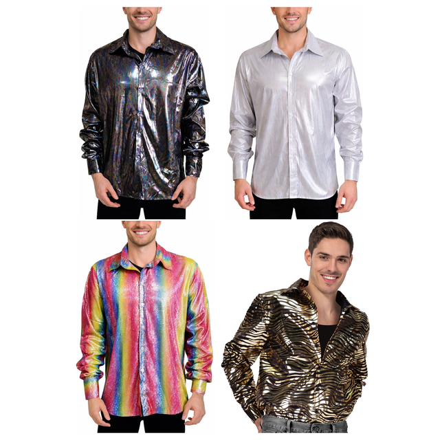 Disco Group Costume Set - 4pc Black, Silver & Rainbow Metallic + Gold Tiger Print Shirts (70s Fancy Dress Party)
