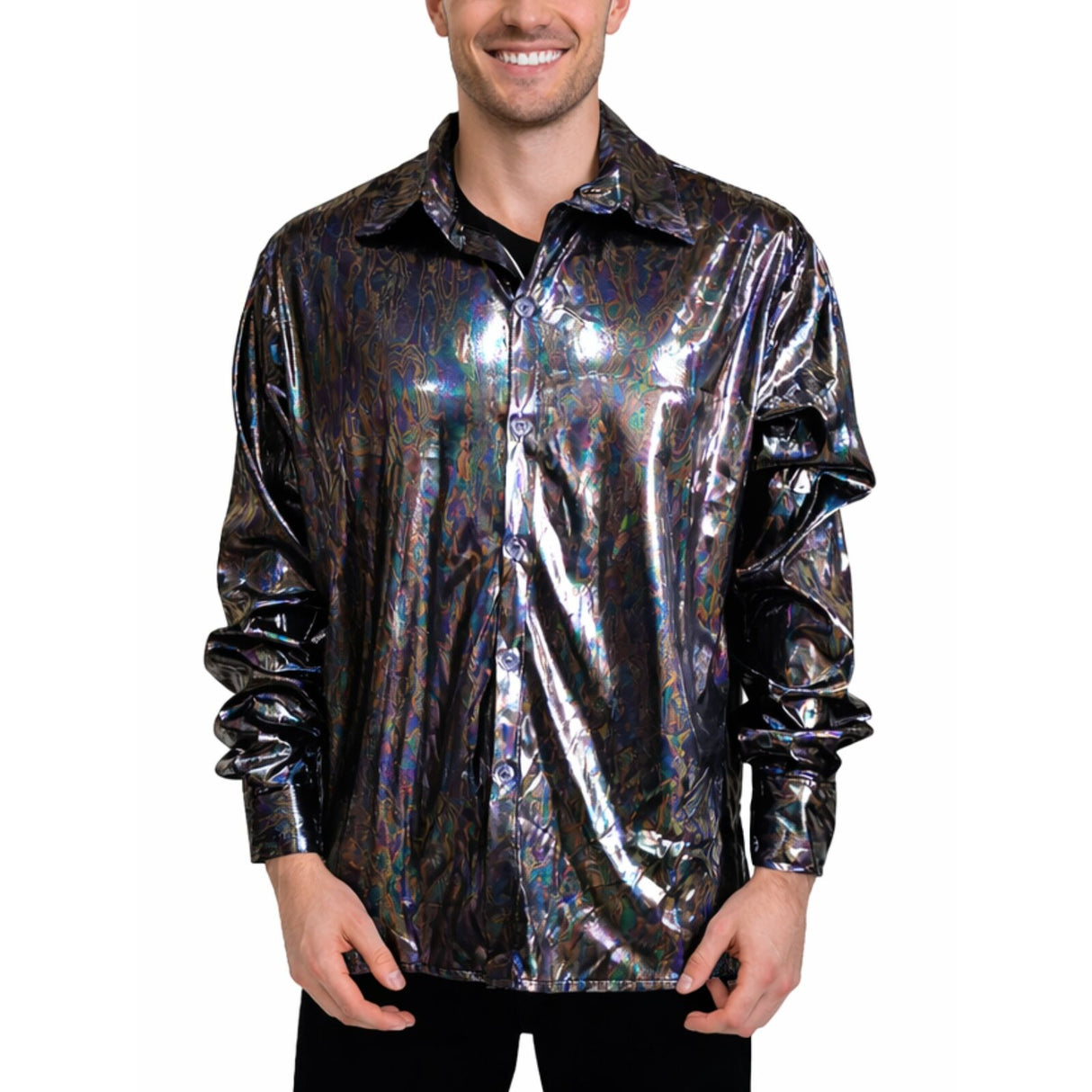 Mens Black Metallic Disco Shirt - 70s Dance Costume (Fancy Dress Party)