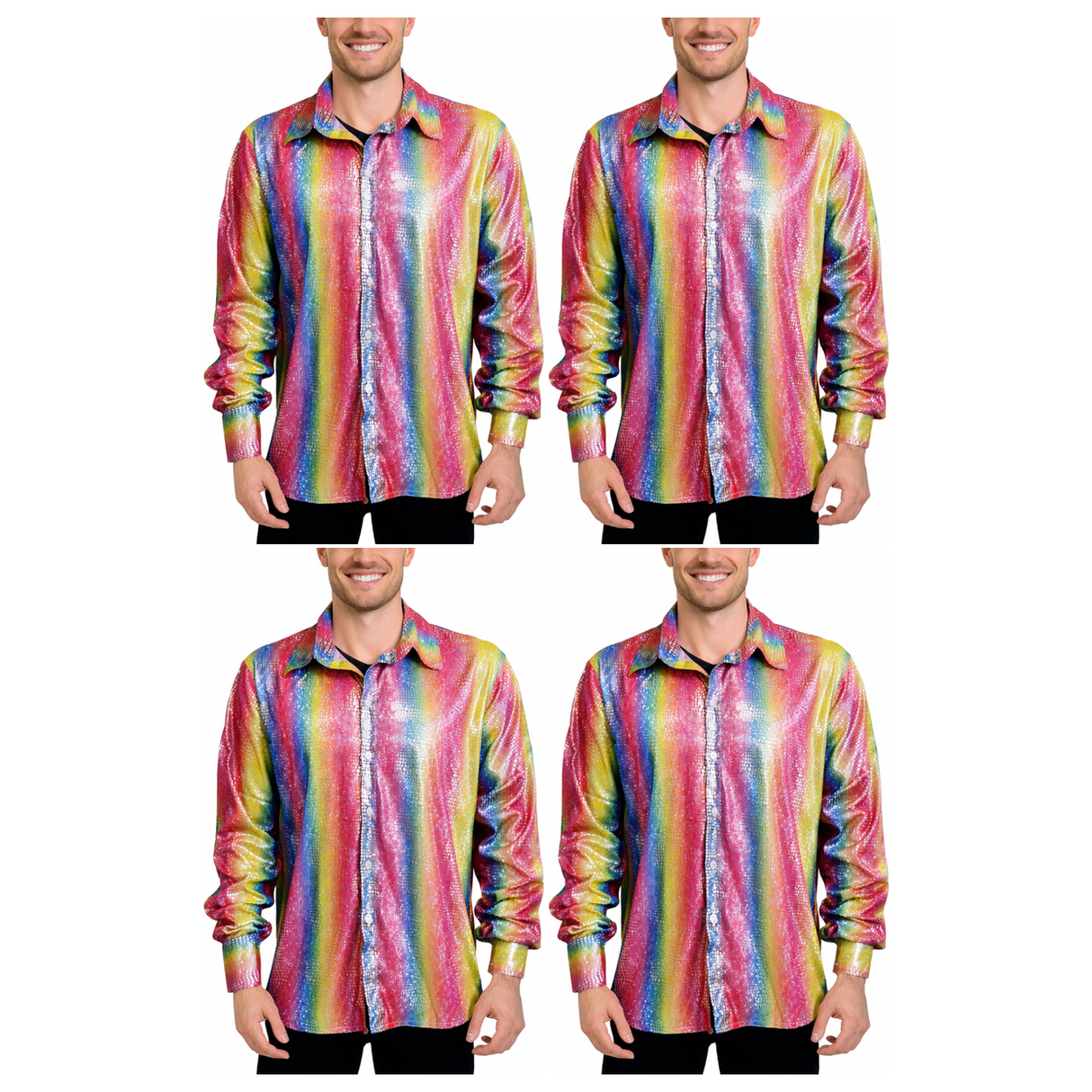 4x Mens Rainbow Metallic Disco Shirt Bulk Pack - 70s Dance Costume (Fancy Dress Party)