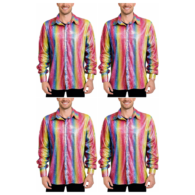 4x Mens Rainbow Metallic Disco Shirt Bulk Pack - 70s Dance Costume (Fancy Dress Party)
