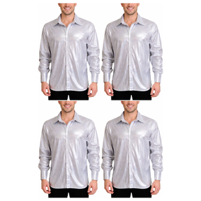 4x Mens Silver Metallic Disco Shirt Bulk Pack - 70s Dance Costume (Fancy Dress Party)