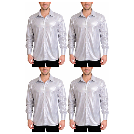 4x Mens Silver Metallic Disco Shirt Bulk Pack - 70s Dance Costume (Fancy Dress Party)