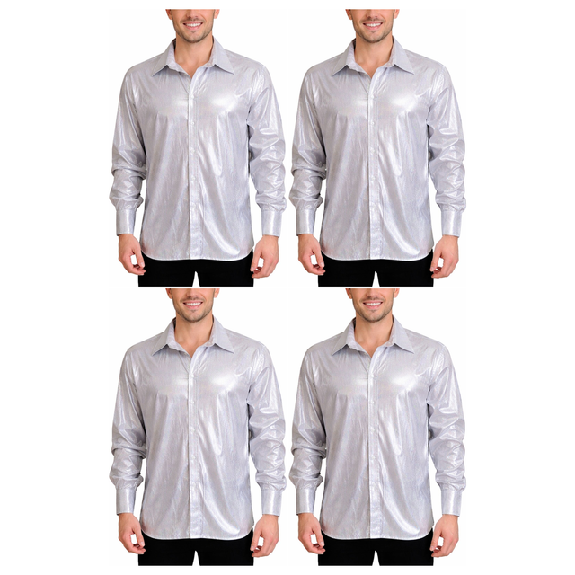 4x Mens Silver Metallic Disco Shirt Bulk Pack - 70s Dance Costume (Fancy Dress Party)