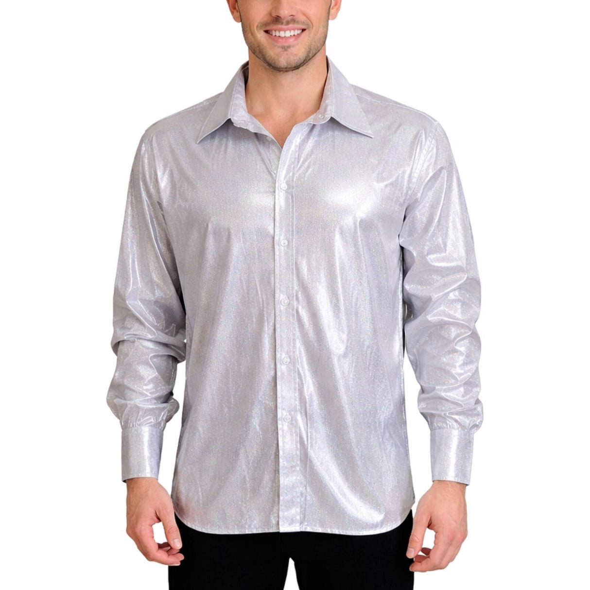 Mens Silver Metallic Disco Shirt - 70s Dance Costume (Fancy Dress Party)