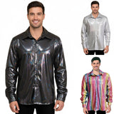 Mens 70s Deluxe Disco Shirt Costume Dance Groovy Dancer Long Sleeve - Black