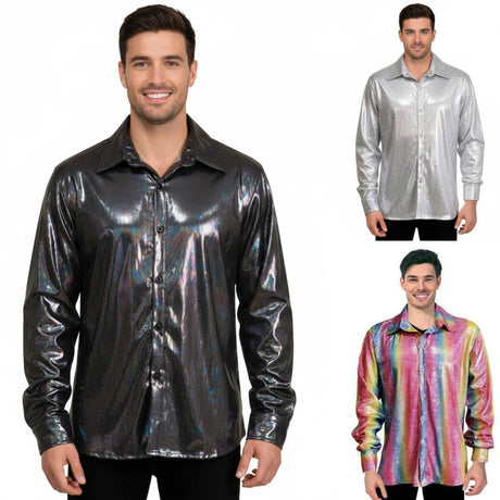 Mens 70s Deluxe Disco Shirt Costume Dance Groovy Dancer Long Sleeve - Black