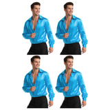 4x Mens Blue 70s Deluxe Disco Shirt Costume Bulk Pack - Groovy Dancer Long Sleeve (Halloween & Fancy Dress)