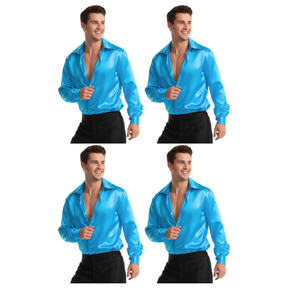 4x Mens Blue 70s Deluxe Disco Shirt Costume Bulk Pack - Groovy Dancer Long Sleeve (Halloween & Fancy Dress)