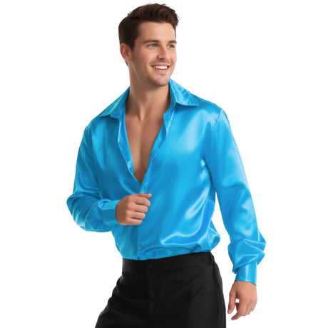 Mens 70s Deluxe Disco Shirt Costume Dance Groovy Dancer Long Sleeve - Blue