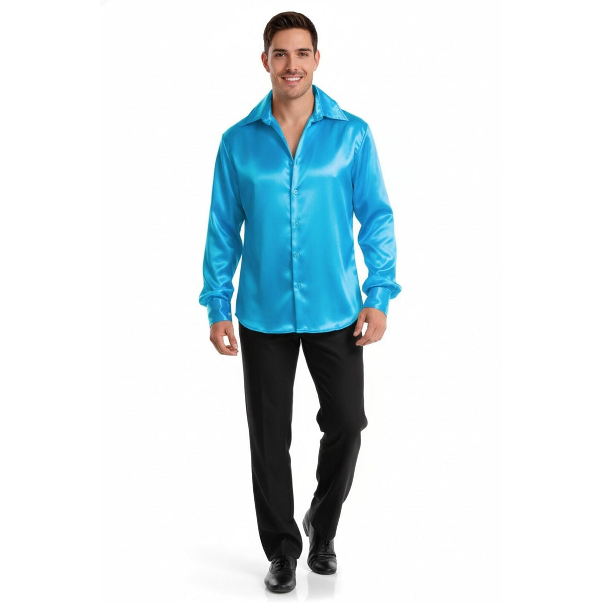 Mens Blue 70s Deluxe Disco Shirt Costume - Groovy Dancer Long Sleeve (Halloween & Fancy Dress)