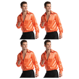 4x Mens Orange 70s Deluxe Disco Shirt Costume Bulk Pack - Groovy Dancer Long Sleeve (Halloween & Fancy Dress)