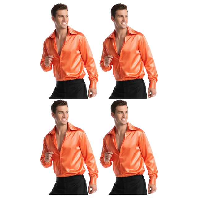 4x Mens Orange 70s Deluxe Disco Shirt Costume Bulk Pack - Groovy Dancer Long Sleeve (Halloween & Fancy Dress)