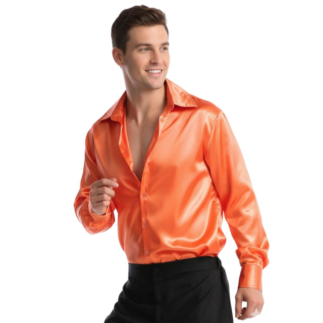 Mens 70s Deluxe Disco Shirt Costume Dance Groovy Dancer Long Sleeve - Orange