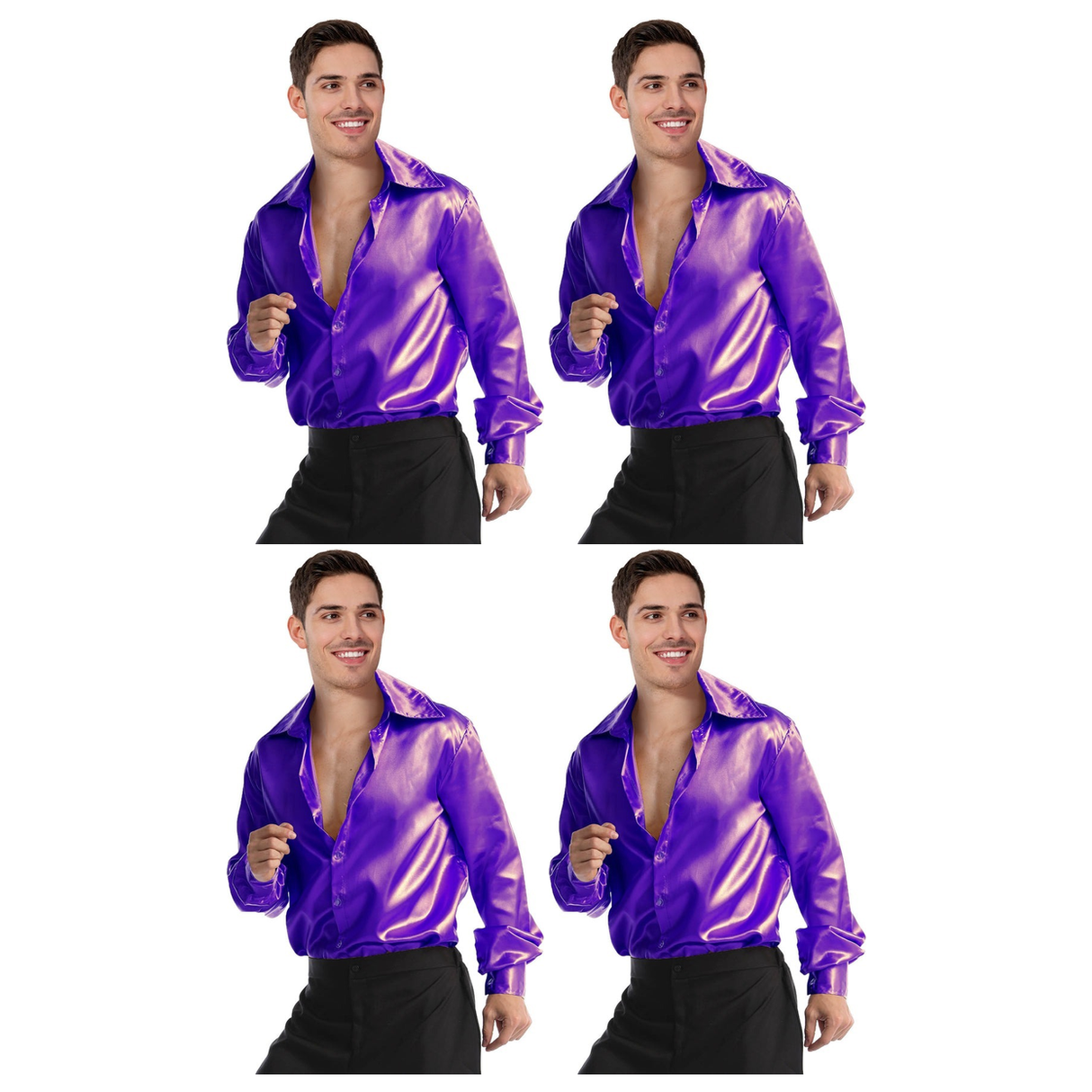 4x Mens Purple 70s Deluxe Disco Shirt Costume Bulk Pack - Groovy Dancer Long Sleeve (Halloween & Fancy Dress)