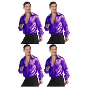 4x Mens Purple 70s Deluxe Disco Shirt Costume Bulk Pack - Groovy Dancer Long Sleeve (Halloween & Fancy Dress)