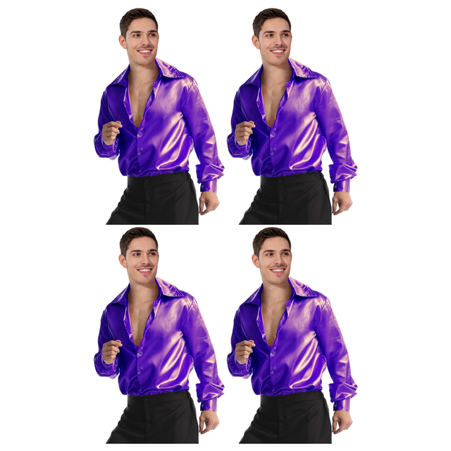 4x Mens Purple 70s Deluxe Disco Shirt Costume Bulk Pack - Groovy Dancer Long Sleeve (Halloween & Fancy Dress)