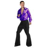 Mens Purple 70s Deluxe Disco Shirt Costume - Groovy Dancer Long Sleeve (Halloween & Fancy Dress)