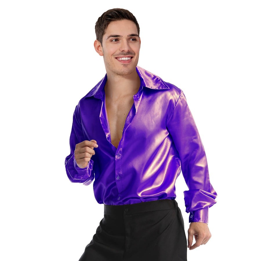 Mens Purple 70s Deluxe Disco Shirt Costume - Groovy Dancer Long Sleeve (Halloween & Fancy Dress)