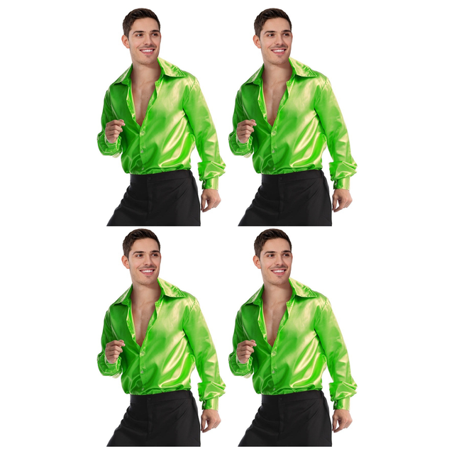 4x Mens Green 70s Deluxe Disco Shirt Costume Bulk Pack - Groovy Dancer Long Sleeve (Halloween & Fancy Dress)
